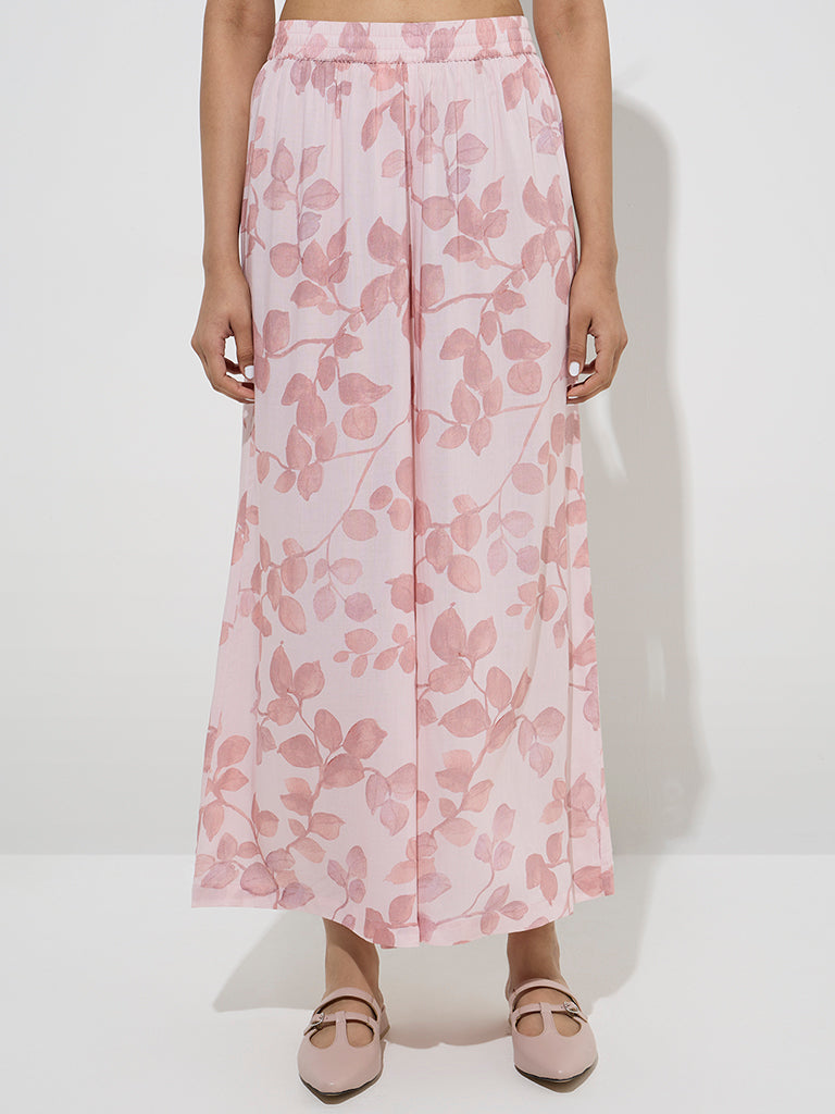 Zuba Pink Leaf Printed Palazzos - Image 2