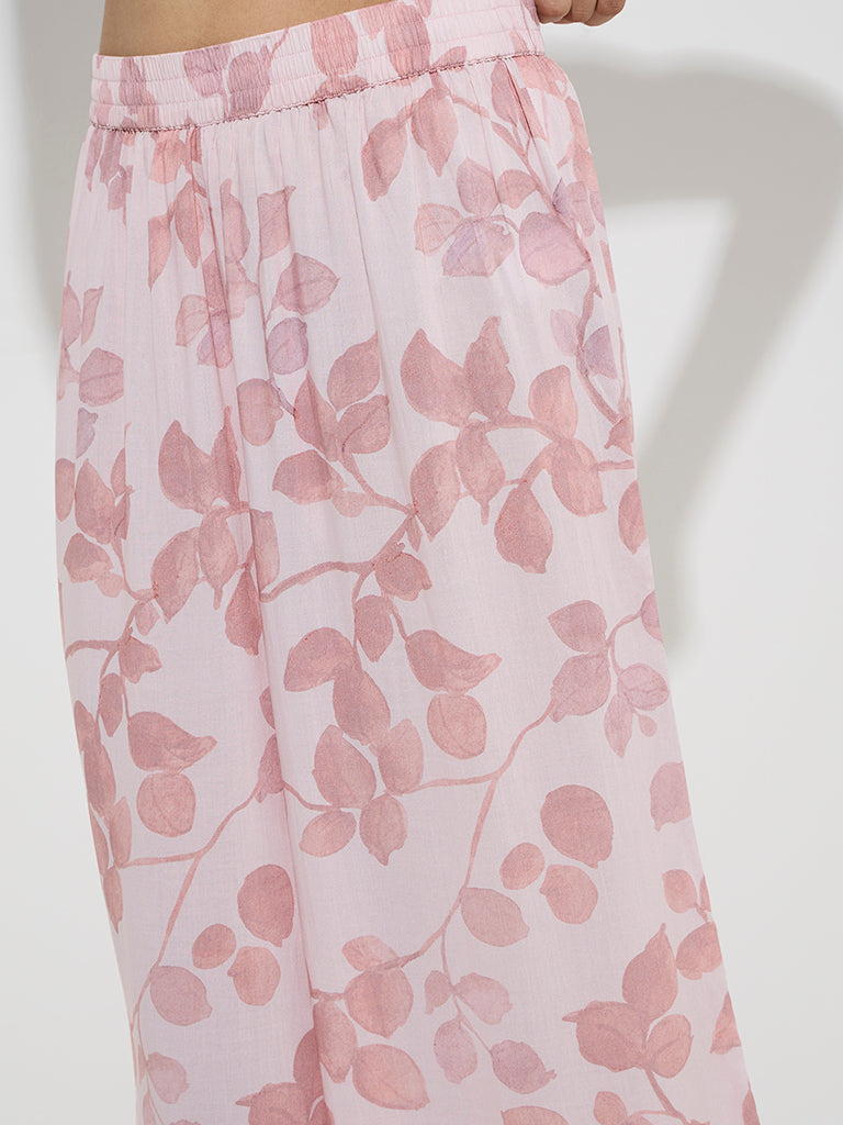 Zuba Pink Leaf Printed Palazzos - Image 3