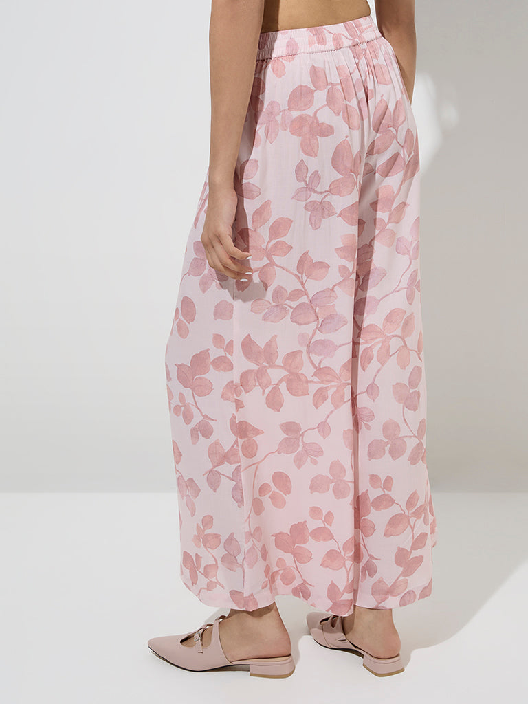 Zuba Pink Leaf Printed Palazzos - Image 4