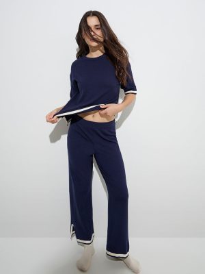 Wunderlove Navy Slit-Detailed Mid-Rise Lounge Pants