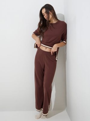 Wunderlove Brown Slit-Detailed Mid-Rise Lounge Pants