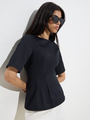 Wardrobe Black Solid Cotton Peplum Top