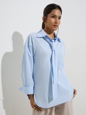 Wardrobe Light Blue Cotton Blouse with Tie