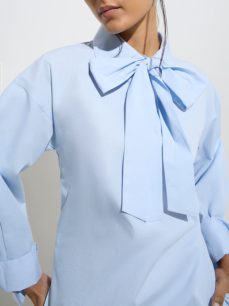 Wardrobe Light Blue Cotton Blouse with Tie - Image 2