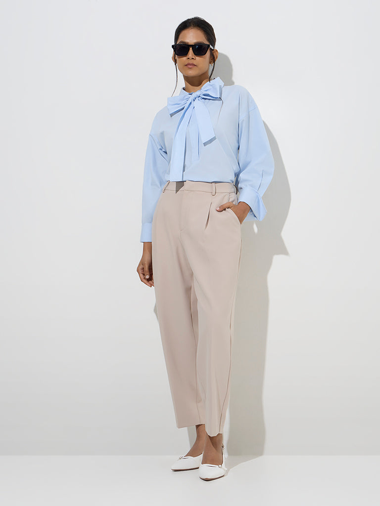 Wardrobe Light Blue Cotton Blouse with Tie - Image 3