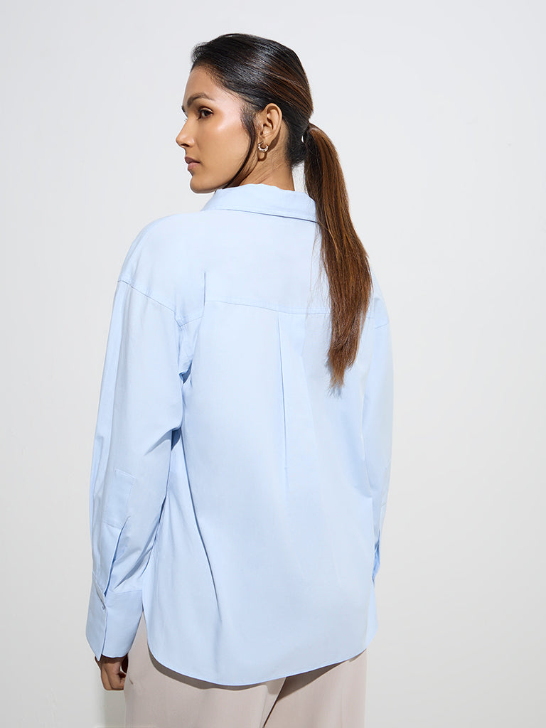 Wardrobe Light Blue Cotton Blouse with Tie - Image 4