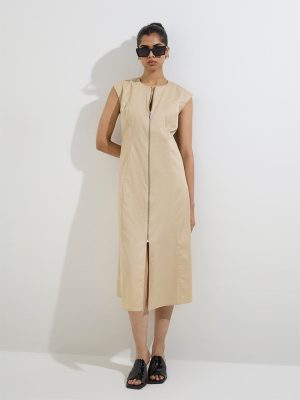 Wardrobe Beige Solid Cotton Straight Dress