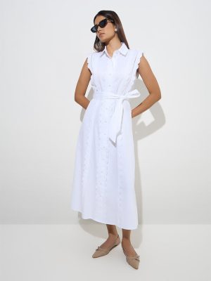 Wardrobe White Scallop-Detail Cotton A-Line Dress with Belt