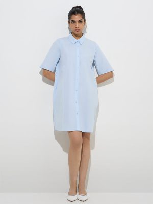 Wardrobe Light Blue Floral Embroidered Cotton Shirt Dress