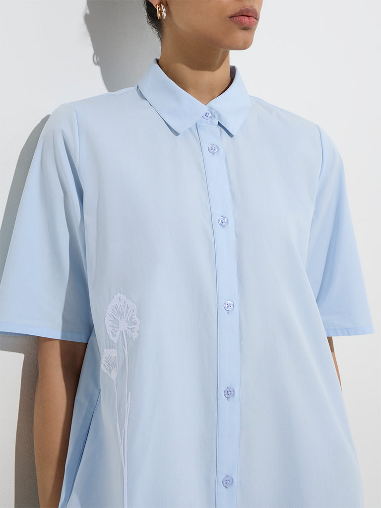 Wardrobe Light Blue Floral Embroidered Cotton Shirt Dress - Image 2