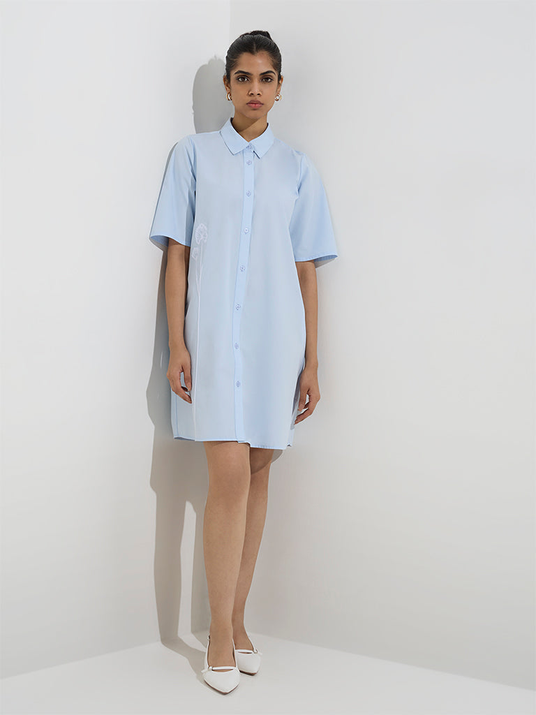 Wardrobe Light Blue Floral Embroidered Cotton Shirt Dress - Image 3