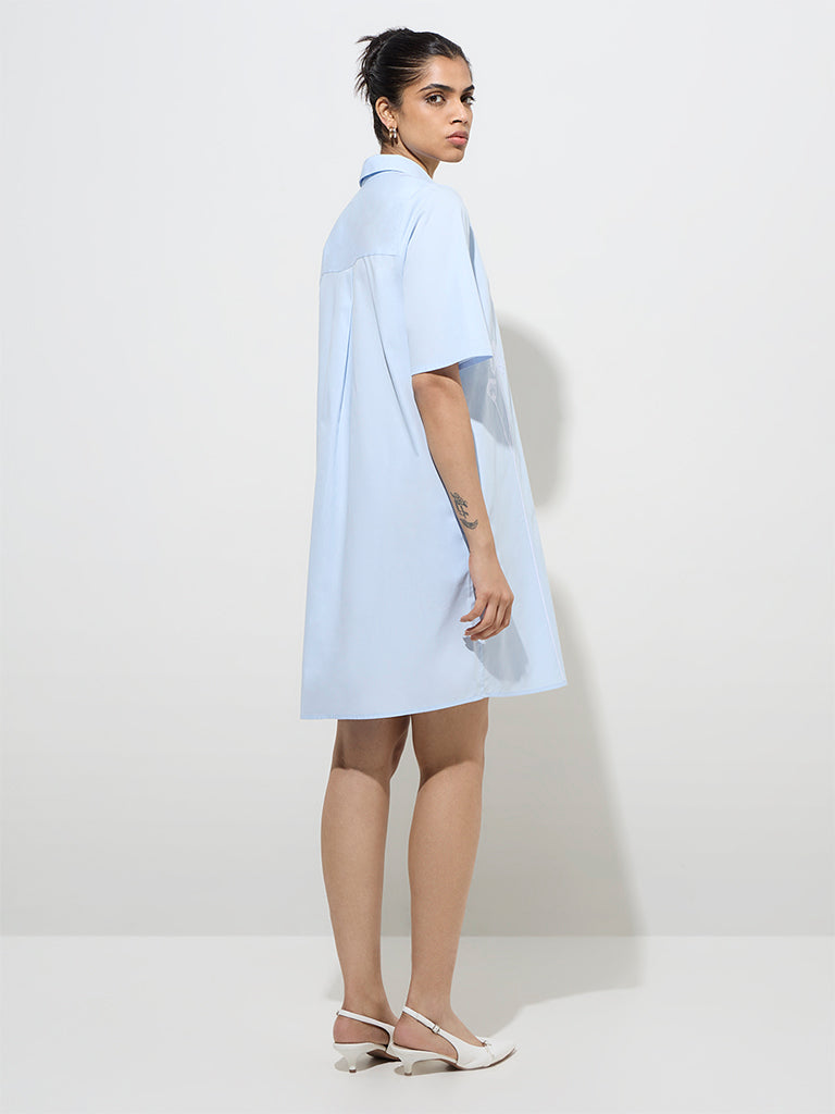 Wardrobe Light Blue Floral Embroidered Cotton Shirt Dress - Image 4