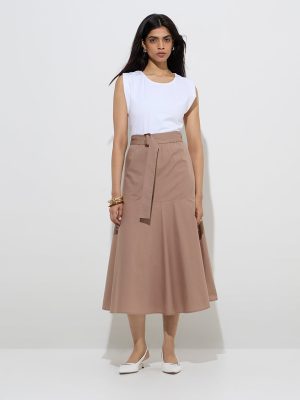 Wardrobe Ivory Colour-Blocked Cotton A-Line Dress with Belt
