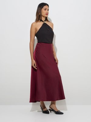Wardrobe Maroon Solid High-Rise Maxi Skirt