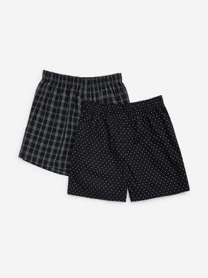 WES Lounge Black Relaxed-Fit Cotton Boxers - Pack of 2