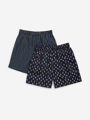 WES Lounge Navy Relaxed-Fit Cotton Boxers - Pack of 2