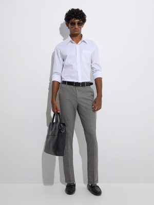 WES Formals Grey Checkered Relaxed-Fit Mid-Rise Trousers