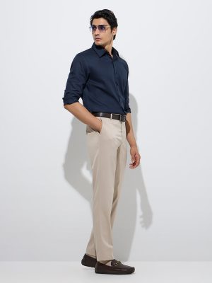 WES Formals Beige Slim-Fit Mid-Rise Trousers