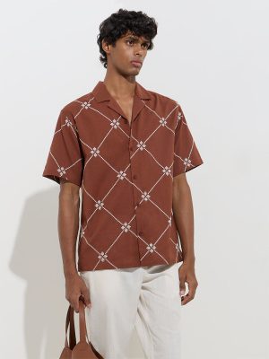 ETA Brown Geometric Design Relaxed-Fit Cotton-Blend Shirt