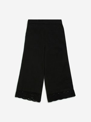 Utsa Kids Black Crochet Detailed Cotton-Blend Ethnic Palazzos - (2-8yrs)