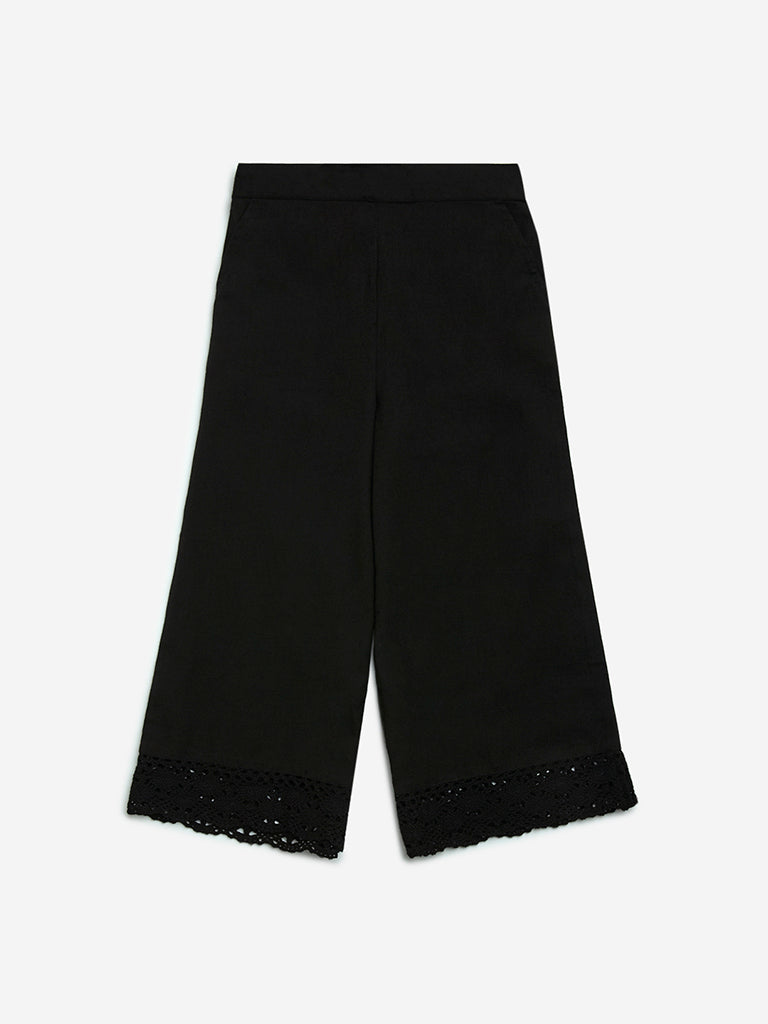 Utsa Kids Black Crochet Detailed Cotton-Blend Ethnic Palazzos - (2-8yrs)