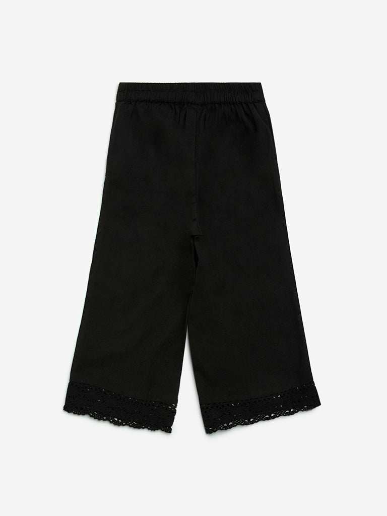 Utsa Kids Black Crochet Detailed Cotton-Blend Ethnic Palazzos - (2-8yrs) - Image 2