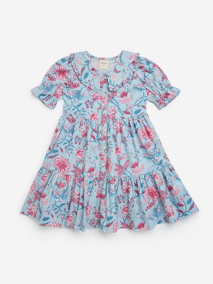 Utsa Kids Blue Floral Printed Cotton Shirt Dress - (2-8yrs)