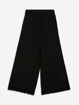 Utsa Kids Black Crochet Detailed Cotton-Blend Ethnic Palazzos - (8-14yrs)