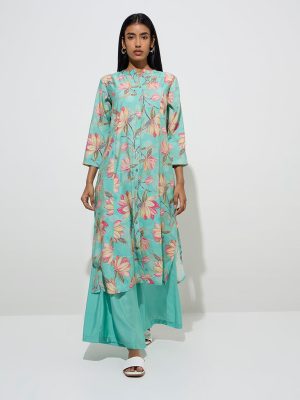 Utsa Aqua Floral Pattern A-Line Kurta