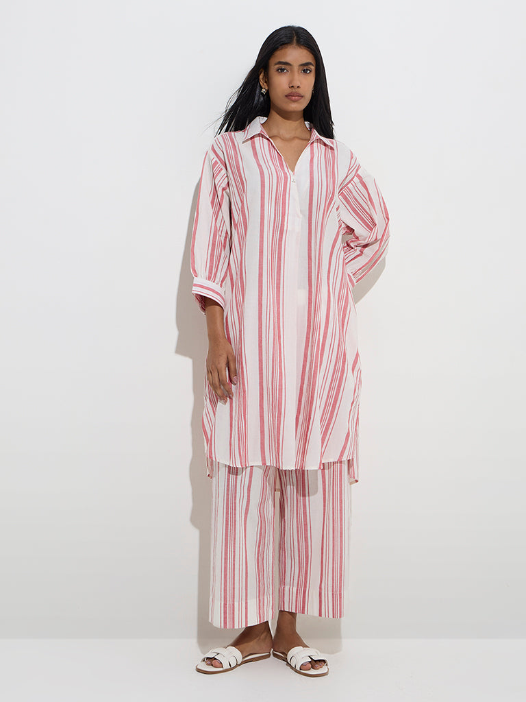 Utsa Red Stripe Printed High-Low Cotton Kurta
