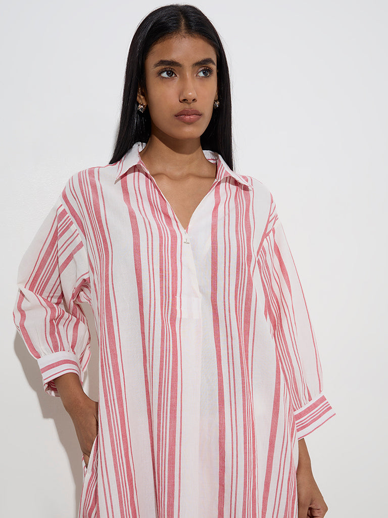 Utsa Red Stripe Printed High-Low Cotton Kurta - Image 2