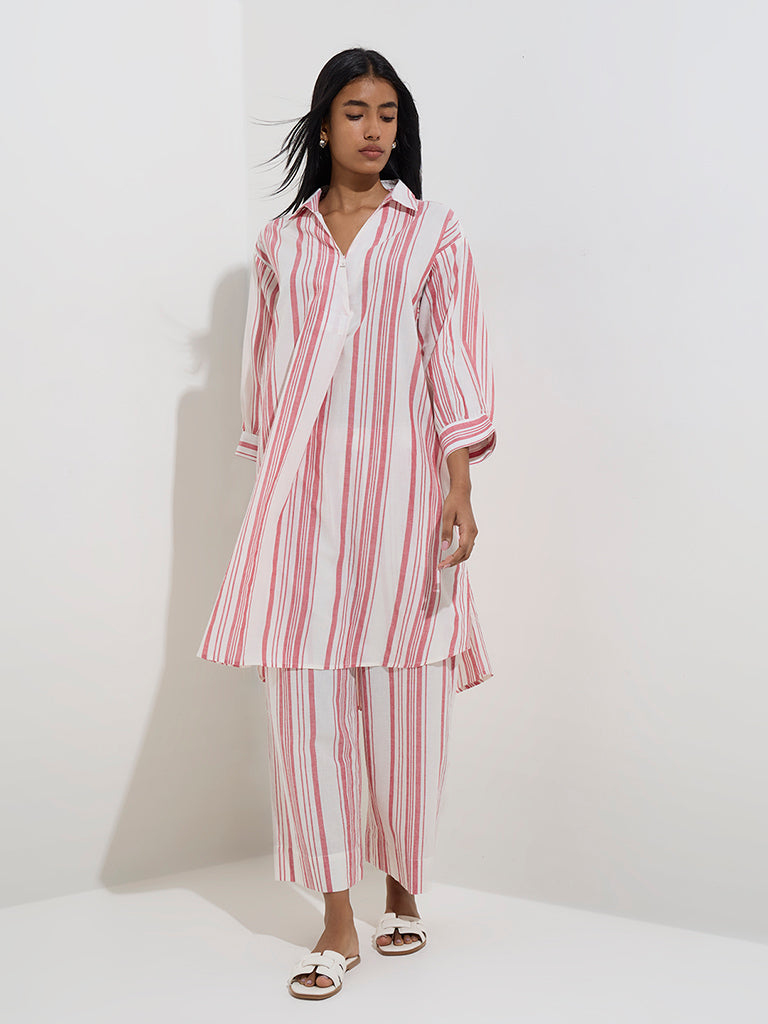 Utsa Red Stripe Printed High-Low Cotton Kurta - Image 3