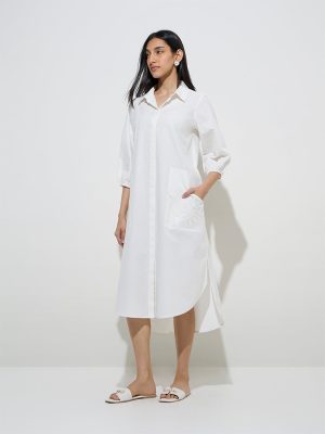 Utsa White Floral Embroidered Cotton Shirt Dress