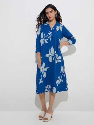 Utsa Indigo Floral Printed Cotton-Blend A-Line Dress