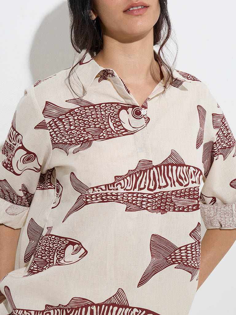 Utsa Red Marine-Inspired Cotton-Blend Tunic - Image 2