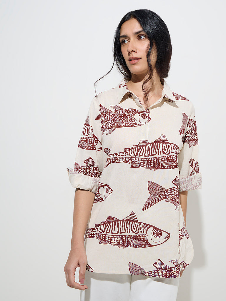 Utsa Red Marine-Inspired Cotton-Blend Tunic - Image 3