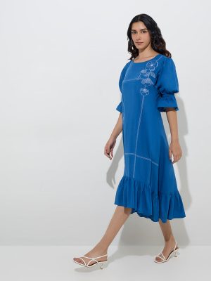 Utsa Indigo Embroidered Drop-Waist Cotton High-Low Dress