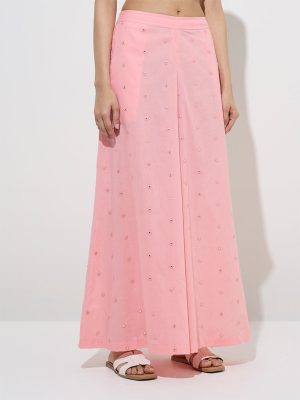 Utsa Pink Mirror-Detailed Cotton Palazzos