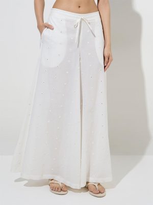 Utsa White Mirror-Detailed Cotton Palazzos
