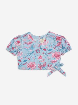 Utsa Kids Blue Floral Pattern Cotton Wrap Top - (2-8yrs)