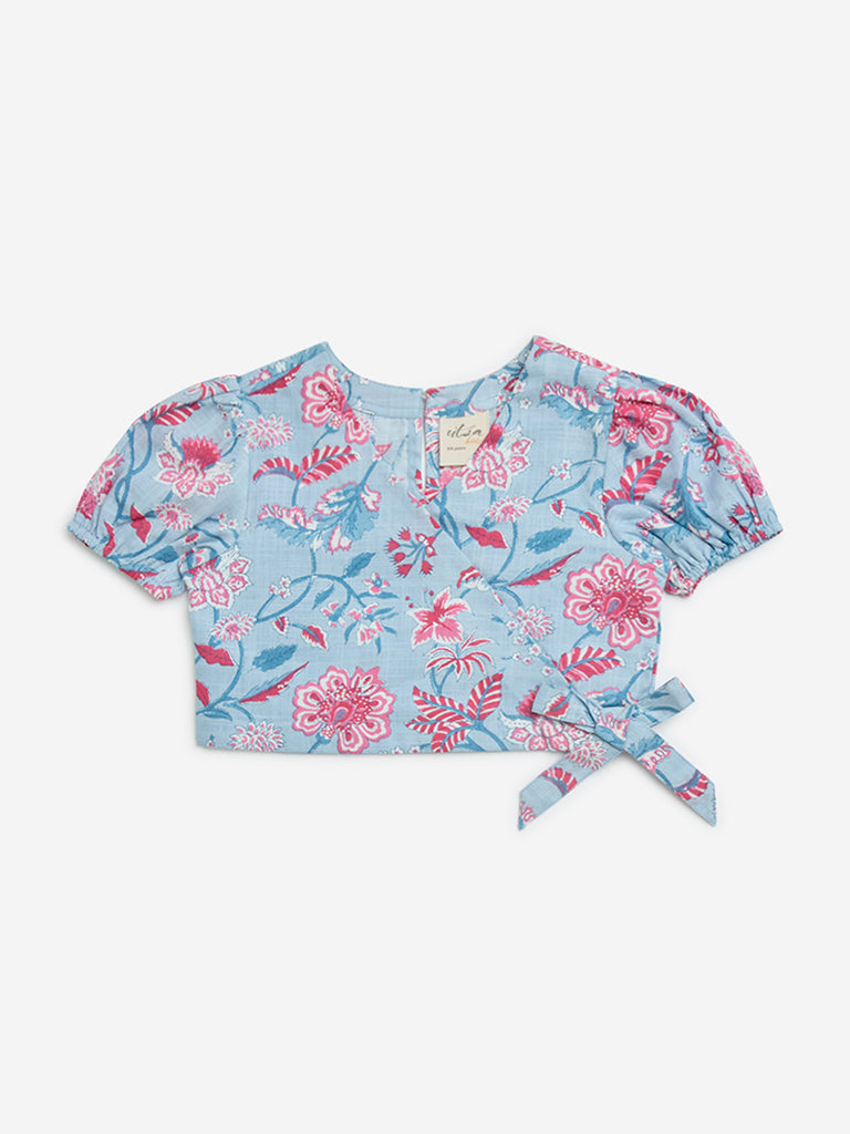 Utsa Kids Blue Floral Pattern Cotton Wrap Top - (2-8yrs)