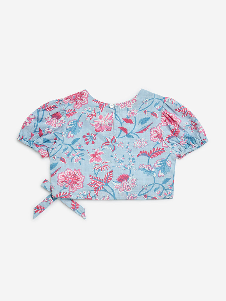 Utsa Kids Blue Floral Pattern Cotton Wrap Top - (2-8yrs) - Image 2