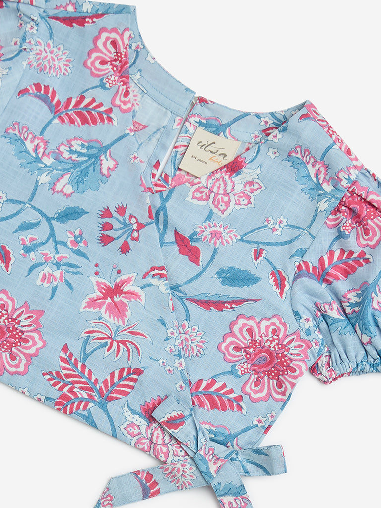 Utsa Kids Blue Floral Pattern Cotton Wrap Top - (2-8yrs) - Image 3