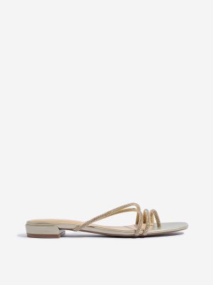 LUNA BLU Gold Diamante Multi Strap Slides