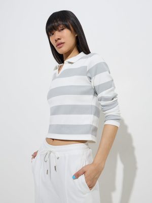 Studiofit Grey Ribbed-Textured Cotton-Blend T-Shirt