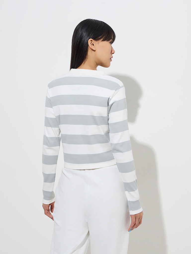 Studiofit Grey Ribbed-Textured Cotton-Blend T-Shirt - Image 4