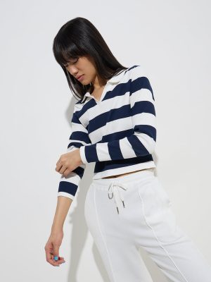 Studiofit Navy Ribbed-Textured Cotton-Blend T-Shirt