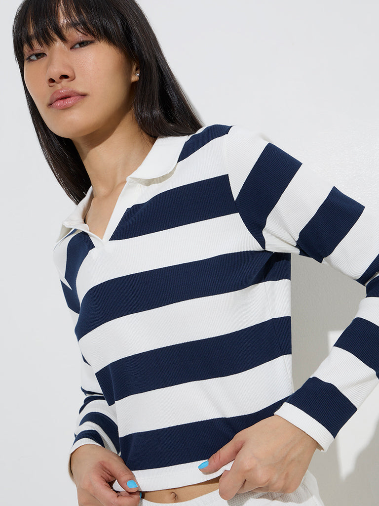 Studiofit Navy Ribbed-Textured Cotton-Blend T-Shirt - Image 2