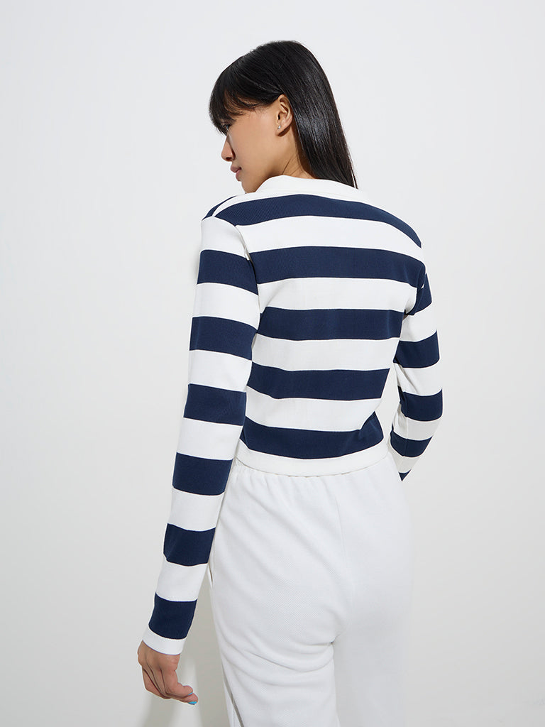 Studiofit Navy Ribbed-Textured Cotton-Blend T-Shirt - Image 4