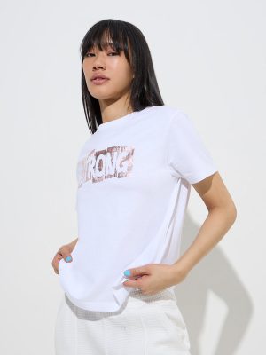 Studiofit White Text Design Cotton T-Shirt